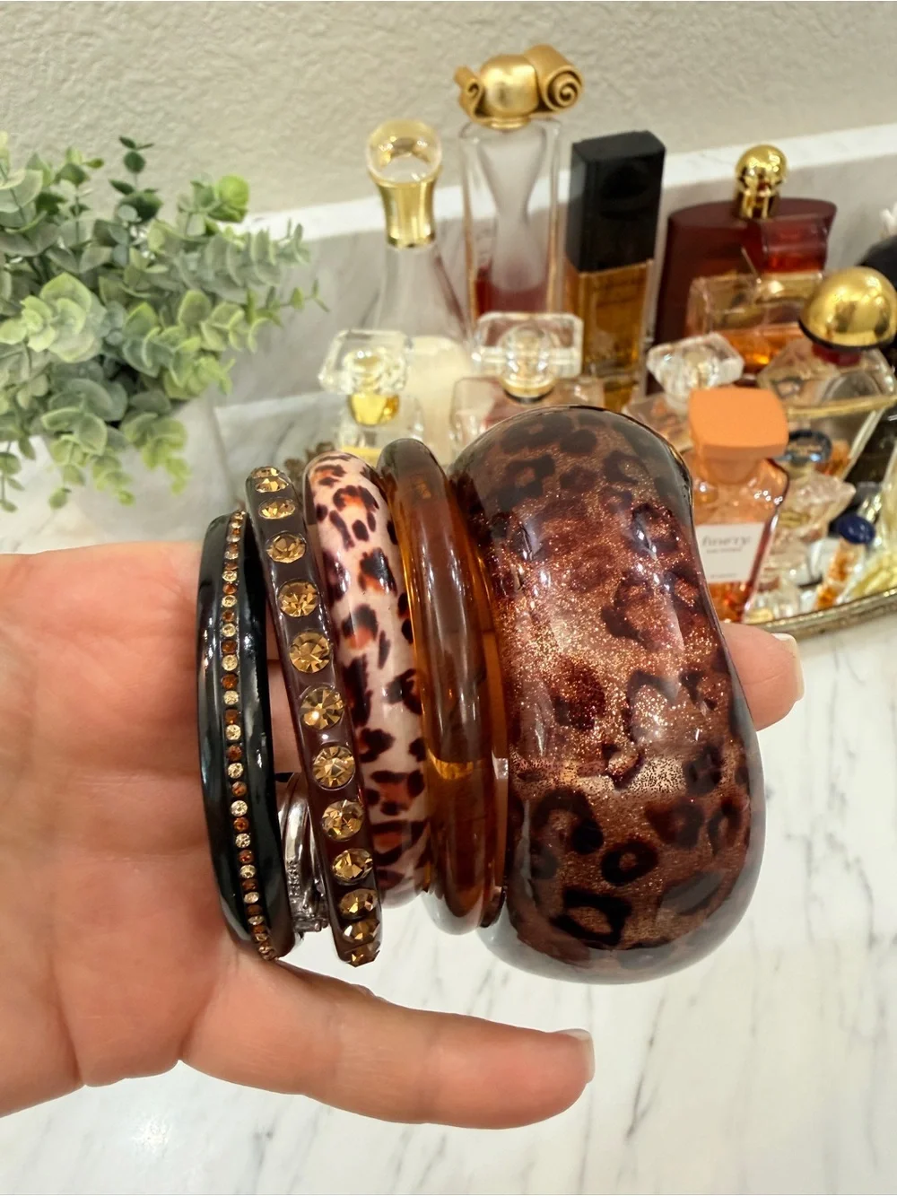Vintage Lucite and Metal Leopard Print Decorative Bangles